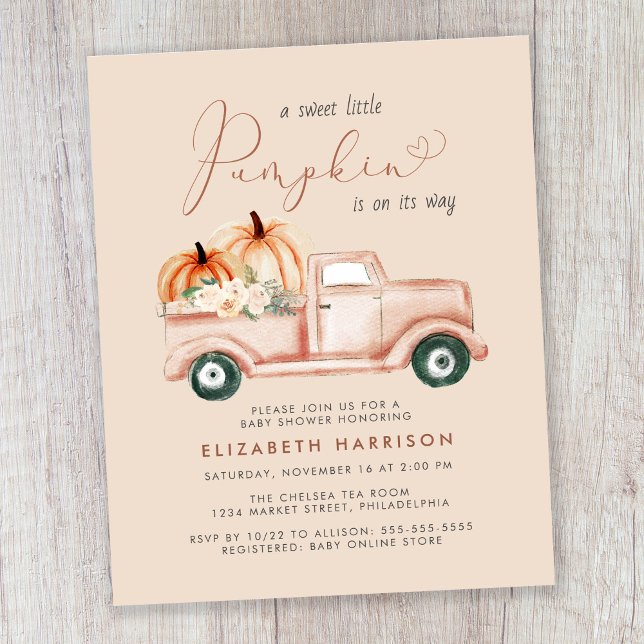 Pumpkin Truck Watercolor Baby Shower Invitation (Creator Uploaded)