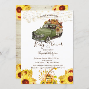 Pumpkin Truck, Wood Texture,Sunflowers Baby Shower Invitation