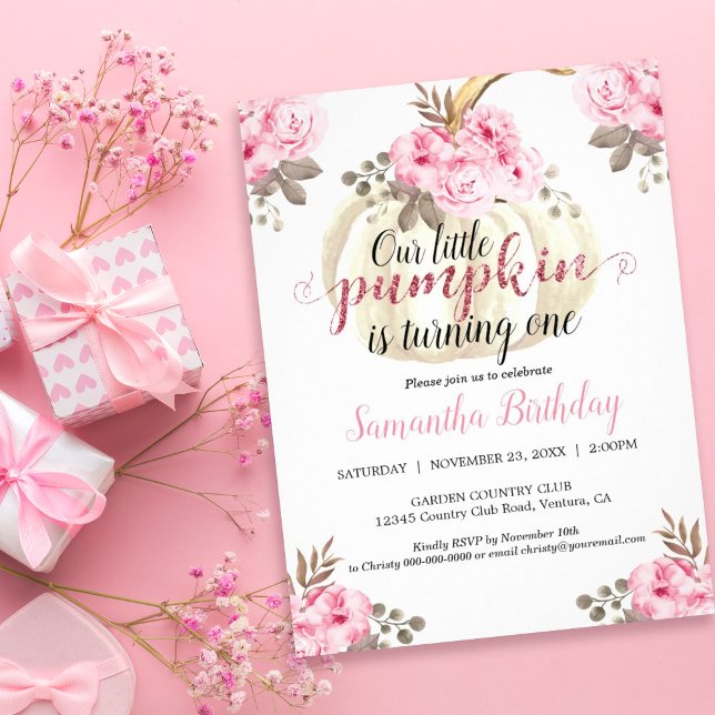 Pumpkin Turning One Watercolor Floral Invitation (Our little pumpkin is turning one so celebrate with this fall-inspired floral baby shower invitation)