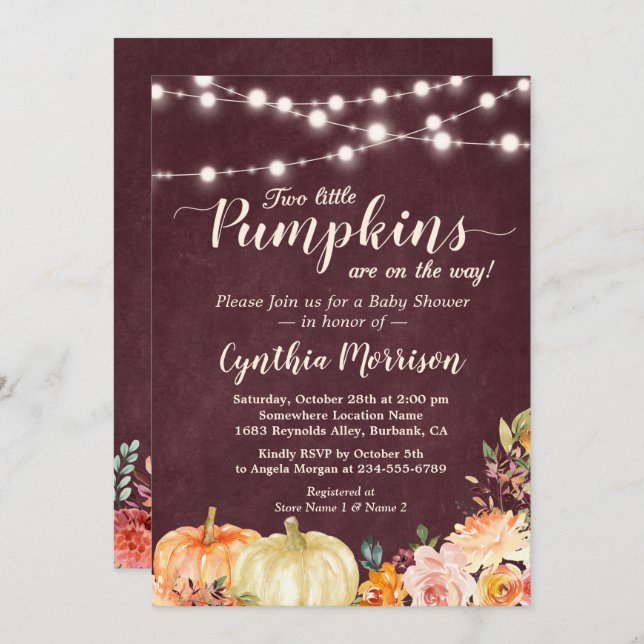Pumpkin Twins Baby Shower String Lights Floral Invitation (Front/Back)