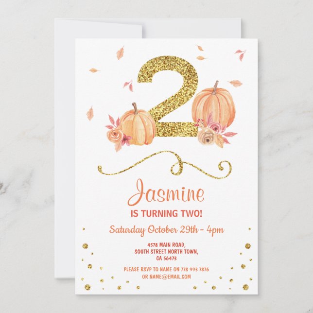 Pumpkin TWO Birthday 2nd Fall Party Gold Invite (Front)