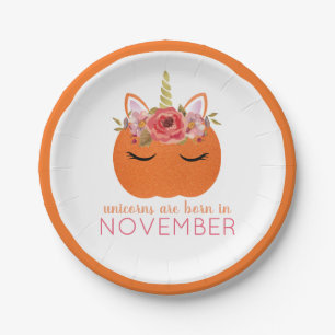 Pumpkin Unicorns are born in November Birthday Paper Plate