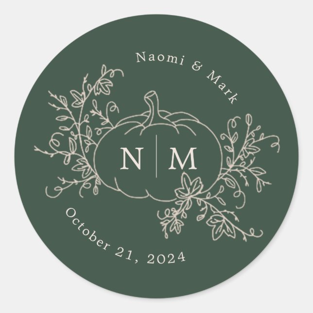 Pumpkin Vines Monogram Wedding Classic Round Stick Classic Round Sticker (Front)