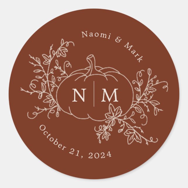 Pumpkin Vines Monogram Wedding Classic Round Stick Classic Round Sticker (Front)
