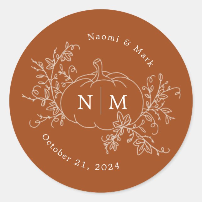 Pumpkin Vines Monogram Wedding Classic Round Stick Classic Round Sticker (Front)