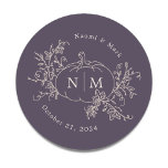 Pumpkin Vines Monogram Wedding Classic Round Sticker<br><div class="desc">Elegant pumpkin line drawing featuring vines,  botanicals and a wedding monogram.</div>