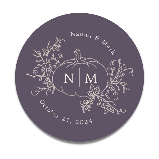 Pumpkin Vines Monogram Wedding Classic Round Sticker (Creator Uploaded)