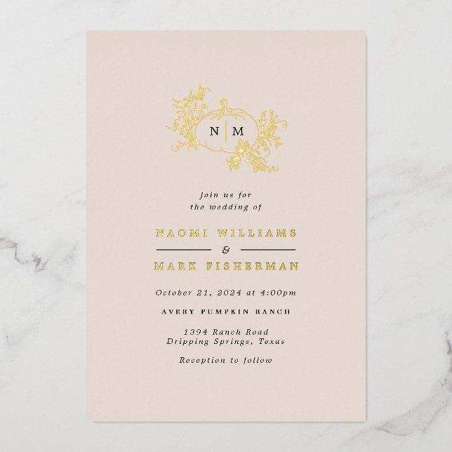 Pumpkin Vines Monogram Wedding Foil Invitation (Front)