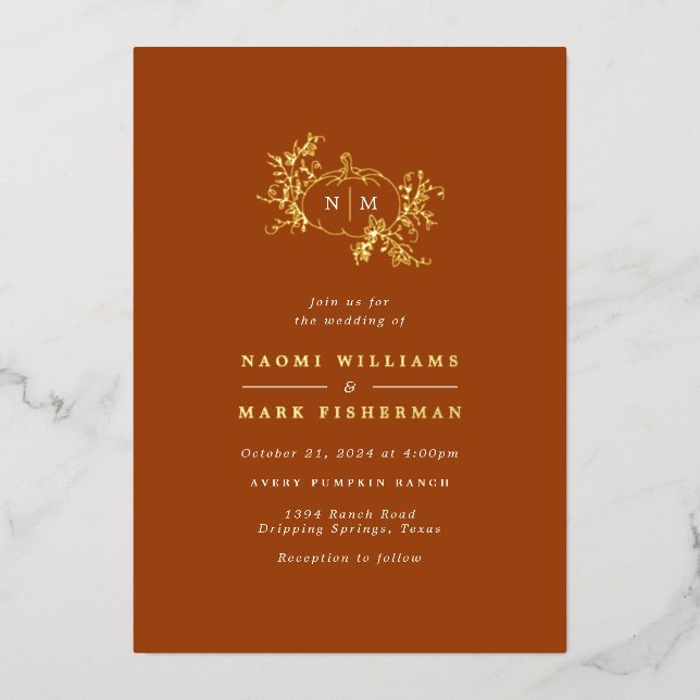Pumpkin Vines Monogram Wedding Foil Invitation (Front)