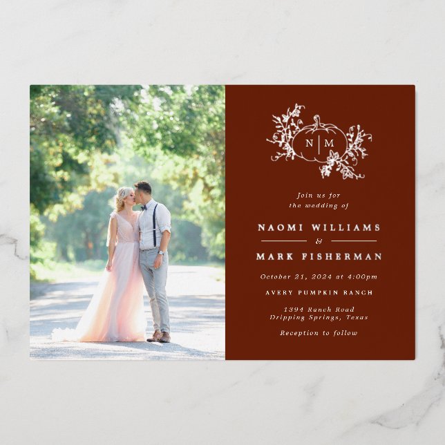 Pumpkin Vines Monogram Wedding Foil Invitation (Front)
