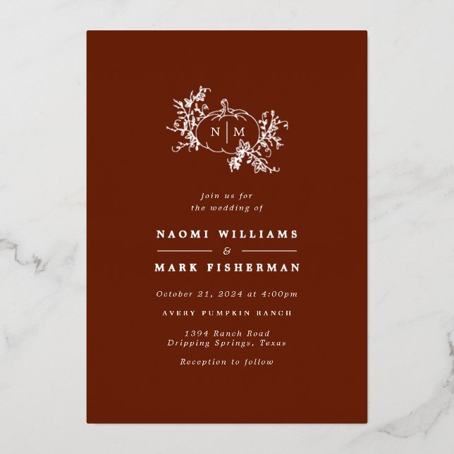 Pumpkin Vines Monogram Wedding Foil Invitation (Front)