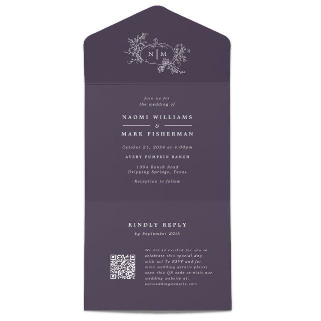 Pumpkin Vines Wedding Monogram with RSVP All In One Invitation (Creator Uploaded)