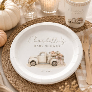 Pumpkin Vintage Truck Simple Chic Fall Baby Shower Paper Plate