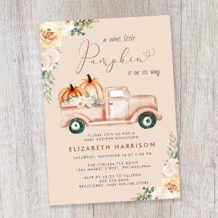 Pumpkin Vintage Truck Watercolor Baby Shower Invitation