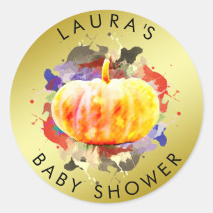 Pumpkin Watercolor Baby Shower Fall Season Classic Round Sticker