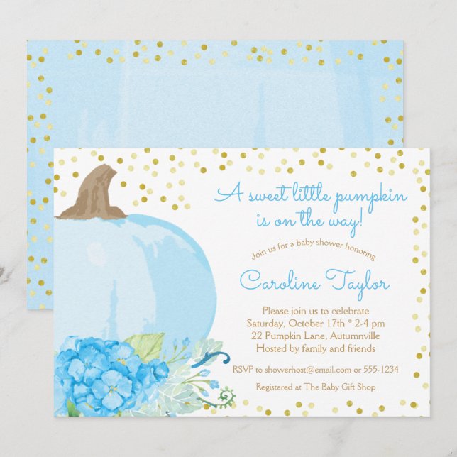 Pumpkin Watercolor Blue Gold Fall Baby Boy Shower Invitation (Front/Back)
