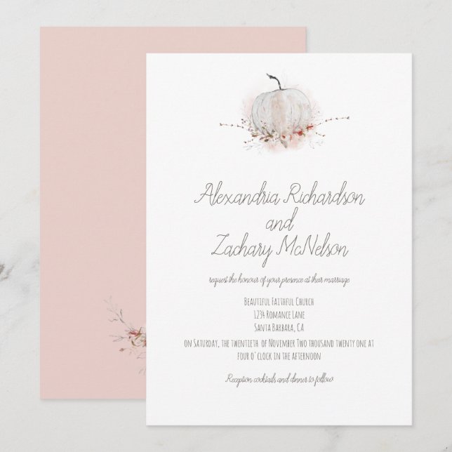 Pumpkin Watercolor Blush Rustic Country Wedding Invitation (Front/Back)