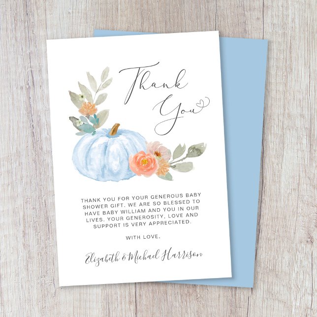 Pumpkin Watercolor Boy Baby Shower Thank You Card (Creator Uploaded)