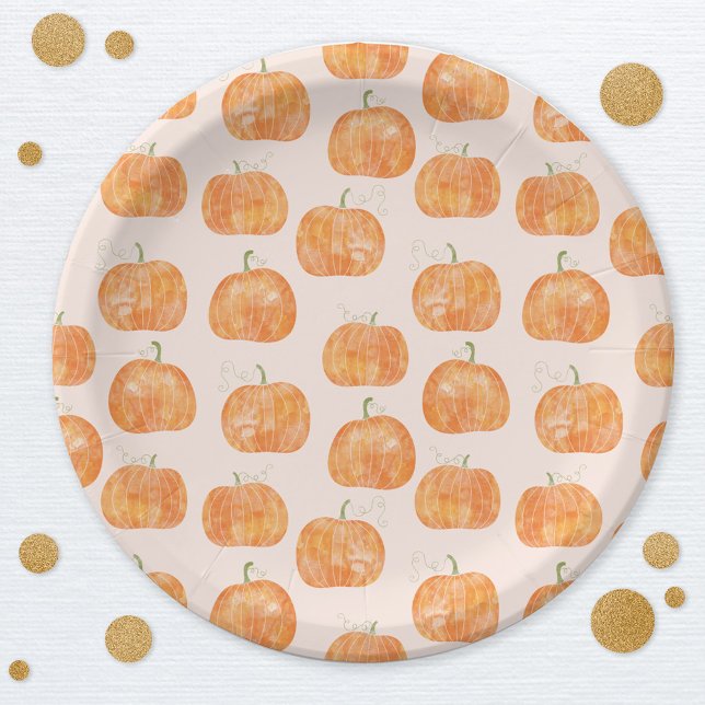 Pumpkin Watercolor Pattern Paper Plate (Watercolor pumpkin pattern autumn fall party paper plates)