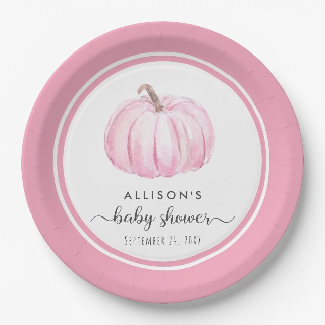 Pumpkin Watercolor Pink Baby Girl Shower Paper Plate (Front)