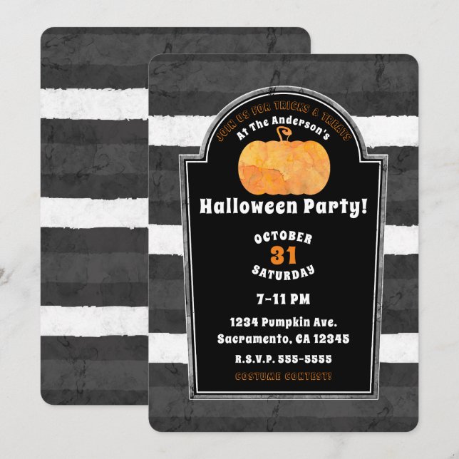 Pumpkin Watercolor Spooky Gravestone Halloween Invitation (Front/Back)