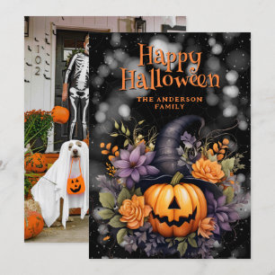 Pumpkin Wearing A Hat Floral Photo Halloween Card