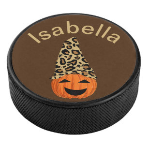 Pumpkin Wearing A Leopard Hat Hockey Puck
