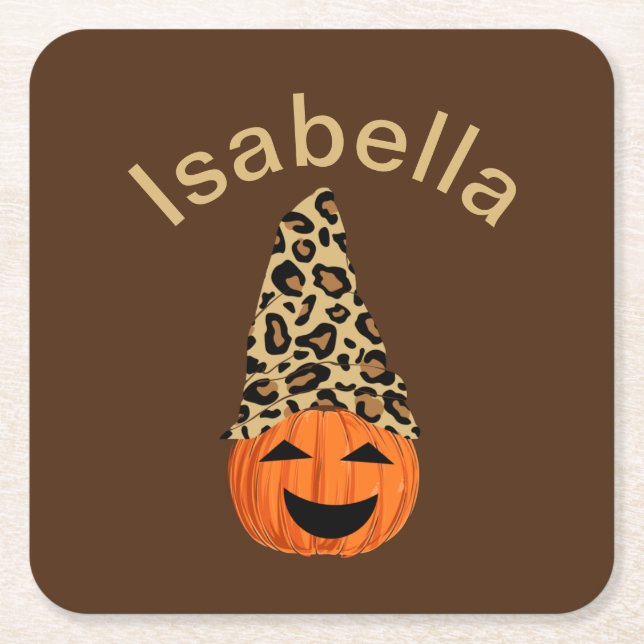 Pumpkin Wearing A Leopard Hat Square Paper Coaster (Front)