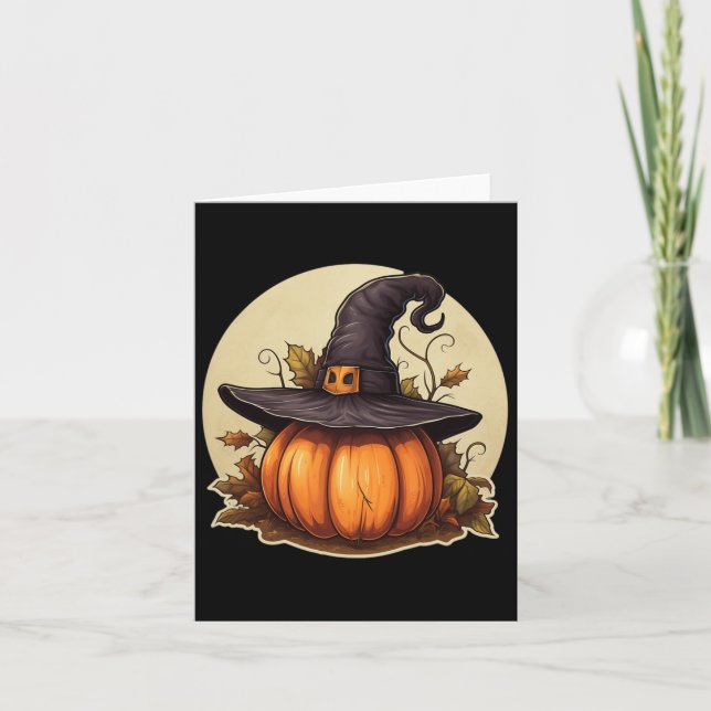 Pumpkin Wearing Witch Hat Halloween Costume  Card (Front)
