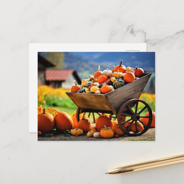 Pumpkin Wheelbarrow, autumn, Postcard (Front/Back In Situ)
