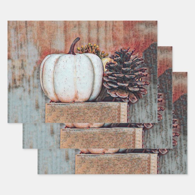 Pumpkin White Autumn Rustic Country Farmhouse Wrapping Paper Sheet (Set)