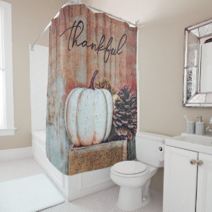 Pumpkin White Autumn Rustic Farmhouse Thankful Shower Curtain