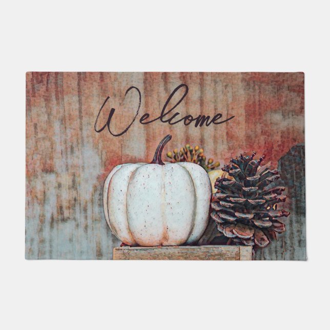 Pumpkin White Autumn Rustic Farmhouse Welcome Doormat (Front)