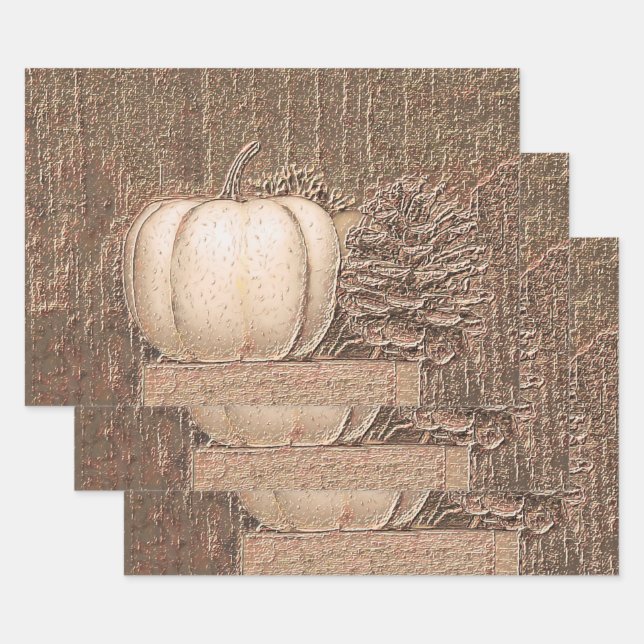 Pumpkin White Gold Metallic Elegant Fall Decoupage Wrapping Paper Sheet (Set)