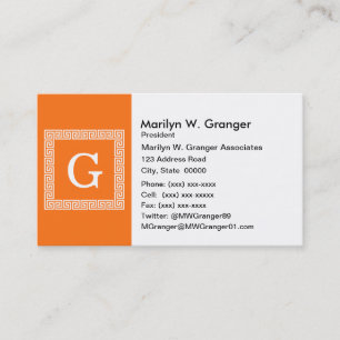 Pumpkin, White Greek Key #1 Framed Monogram Business Card