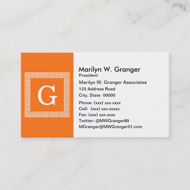 Pumpkin, White Greek Key #1 Framed Monogram Business Card (Front)