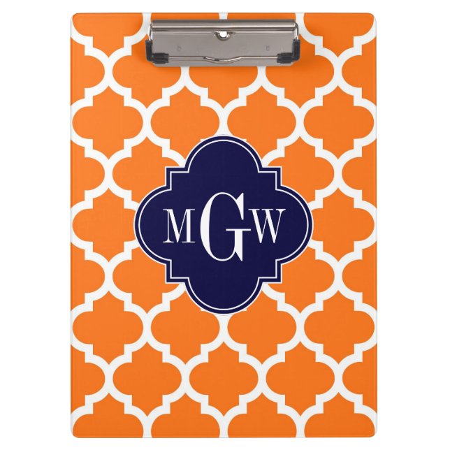 Pumpkin White Moroccan #5 Navy 3 Initial Monogram Clipboard (Front)