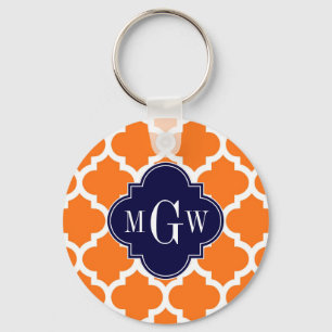 Pumpkin White Moroccan #5 Navy 3 Initial Monogram Key Ring
