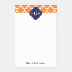 Pumpkin White Moroccan #5 Navy 3 Initial Monogram Post-it Notes
