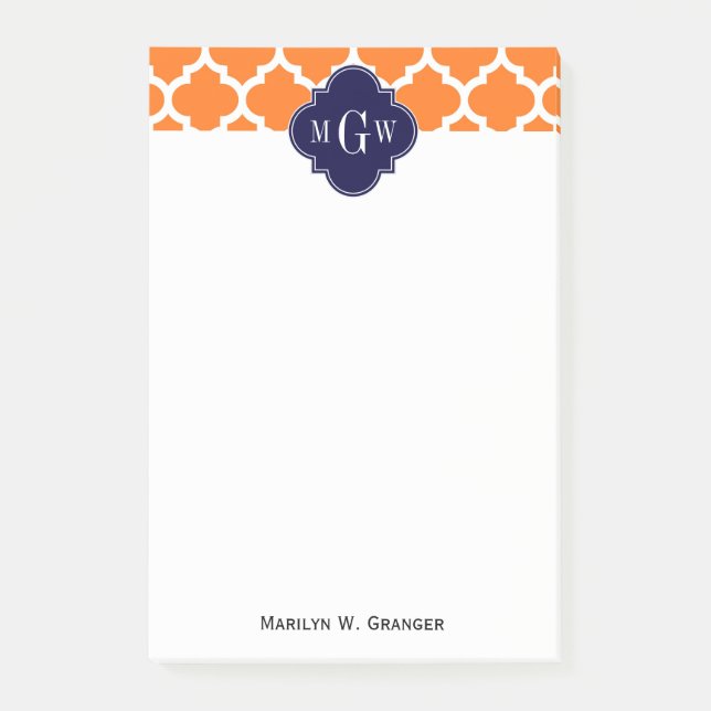 Pumpkin White Moroccan #5 Navy 3 Initial Monogram Post-it Notes (Front)
