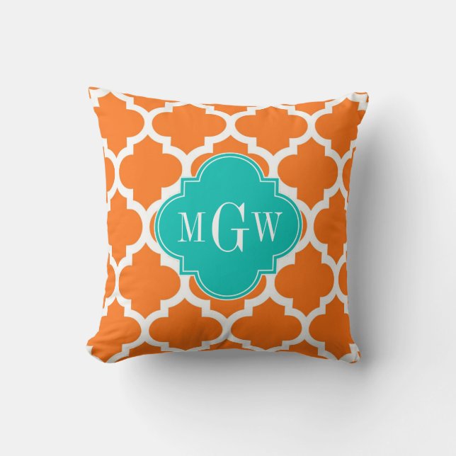 Pumpkin White Moroccan #5 Teal 3 Initial Monogram Cushion (Front)