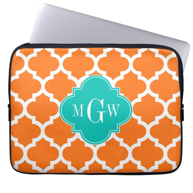 Pumpkin White Moroccan #5 Teal 3 Initial Monogram Laptop Sleeve (Front)