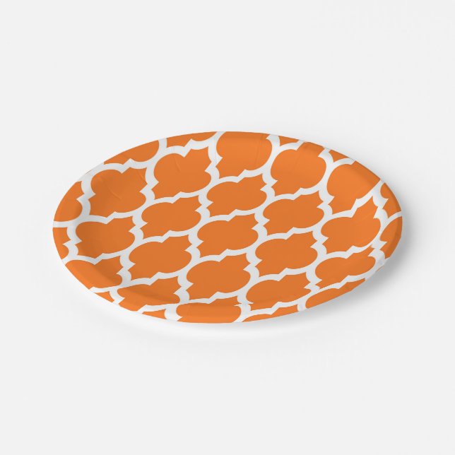 Pumpkin White Moroccan Quatrefoil Pattern #4 Paper Plate (Angled)