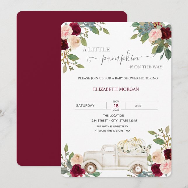 Pumpkin White Truck Burgundy Flowers Baby Shower  Invitation (Front/Back)