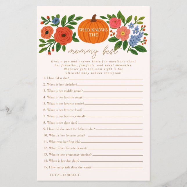 Pumpkin Who Knows Mummy Best Baby Shower Game (Front)