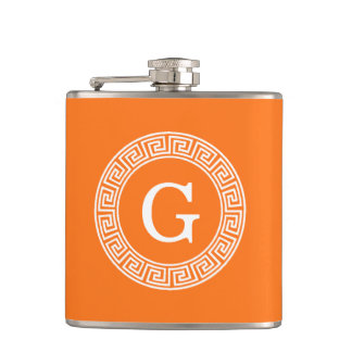 Pumpkin Wht Greek Key Rnd Frame Initial Monogram Hip Flask