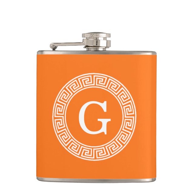 Pumpkin Wht Greek Key Rnd Frame Initial Monogram Hip Flask (Front)