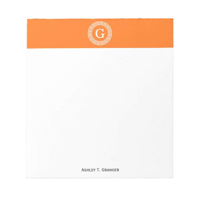 Pumpkin Wht Greek Key Rnd Frame Initial Monogram Notepad (Front)