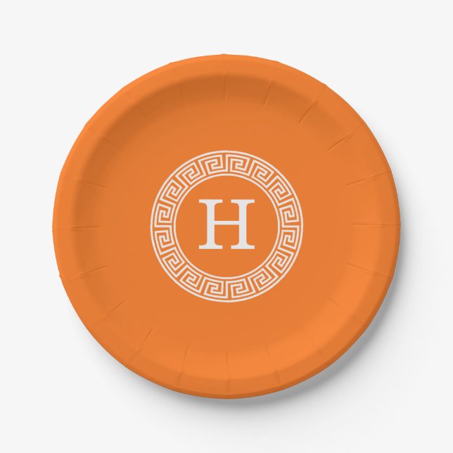 Pumpkin Wht Greek Key Rnd Frame Initial Monogram Paper Plate (Front)