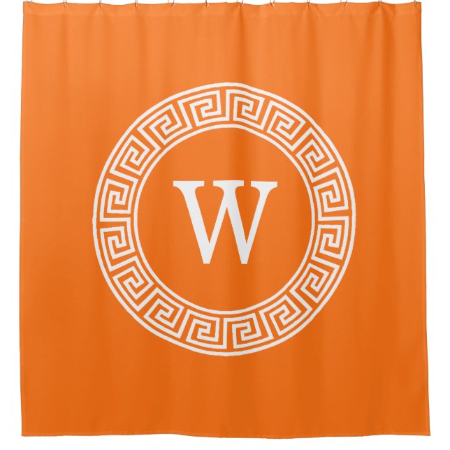 Pumpkin Wht Greek Key Rnd Frame Initial Monogram Shower Curtain (Front)